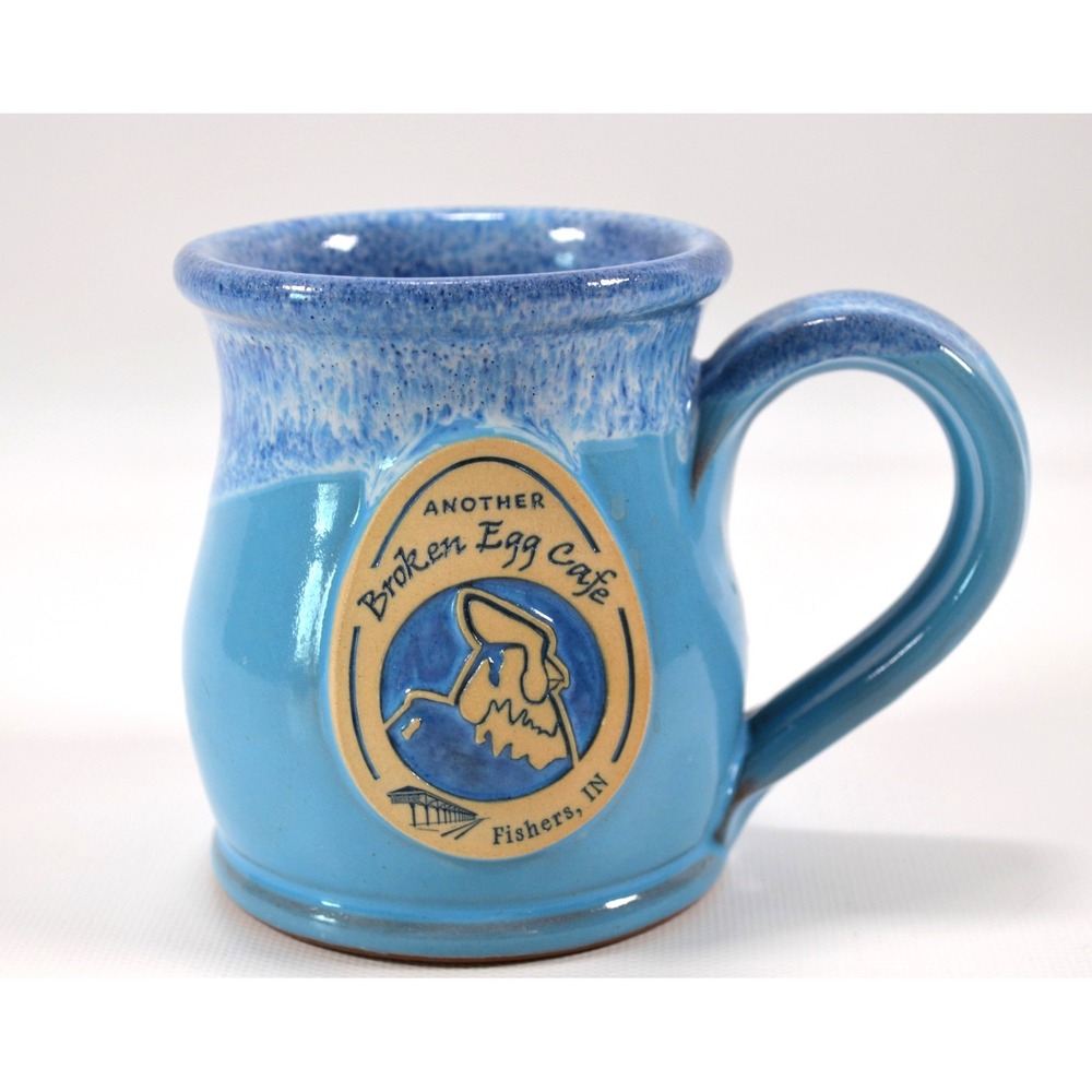 Deneen Pottery ANOTHER BROKEN EGG CAFE Coffee Cup Blue‎ Drip Glaze Fisher, IN